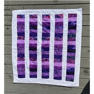 Handmade Purple Batik Patchwork Quilt Striped Tie Lap Blanket Wall Hanging 42x37